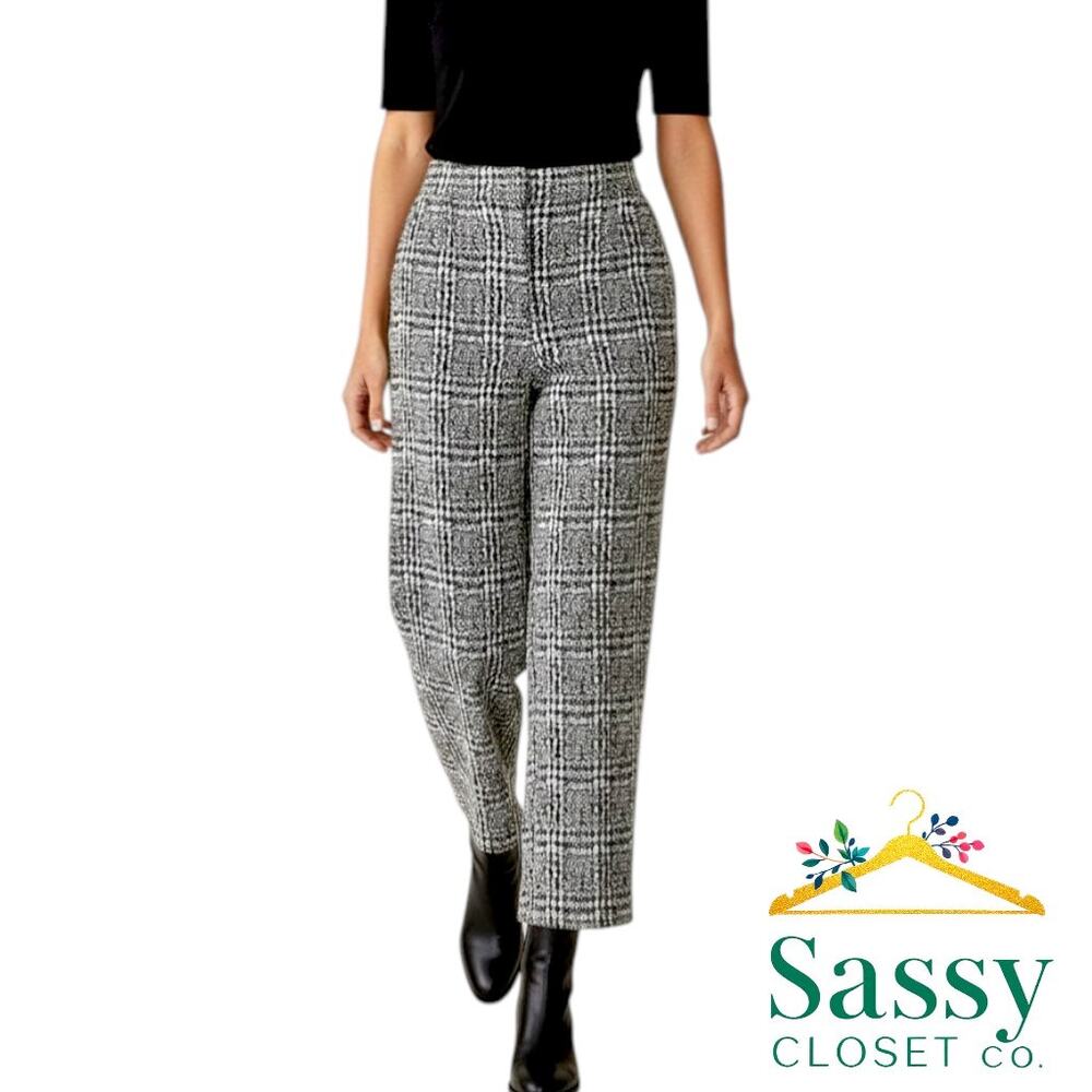 ✨ MICHAEL KORS Black White Plaid Boucle Knit Pants M Stretch ✨